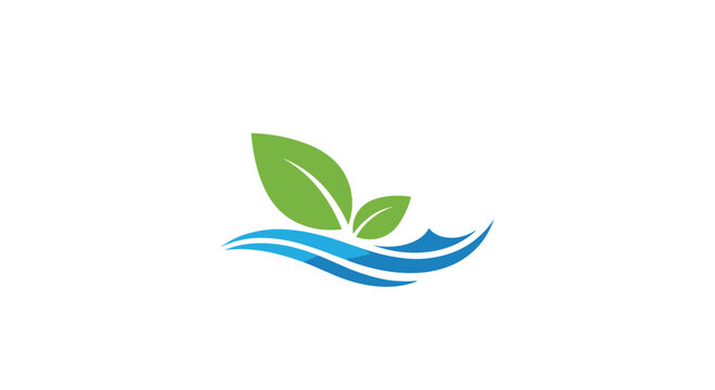 A clean and simple environmental logo design with two green leaves floating on a dynamic blue water wave.