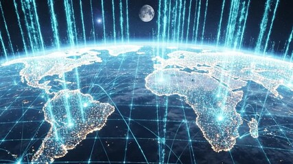Futuristic data streams flow across a modern world grid, a high-tech abstract animation