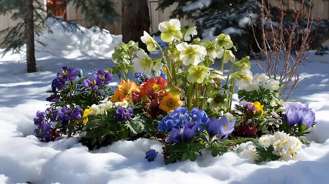 Vibrant Spring Flowers Bloom Through Winter Snow, Symbolizing Hope and Renewal.
