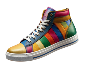 Side Profile Colorful High-Top Sneaker with Diagonal Stripes and Dynamic Curved Sole, Isolated