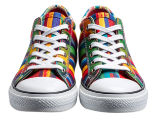Colorful High-Top Sneakers Front View with Bold Striped Pattern, Clean Fashion Display, Isolated on Transparent Background