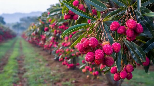 Lush Lychee Grove Ripening with Abundant Bright Pink Fruit on Tree Branches.
