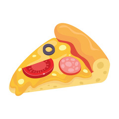 Illustrated pizza slice with toppings on a white background.