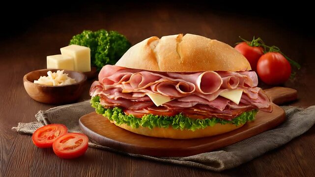 Mouthwatering Generous Ham and Cheese Sandwich Appetizing Meal Presentation.