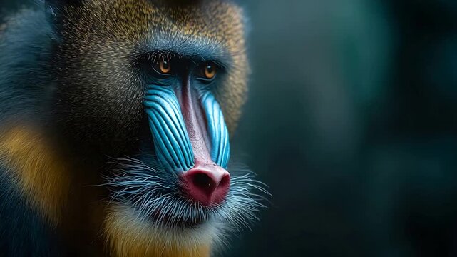 Extreme close up of a mandrill monkeys face with vibrant blue and red features.