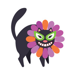 Cartoon black cat in a colorful petal costume with a mischievous grin.