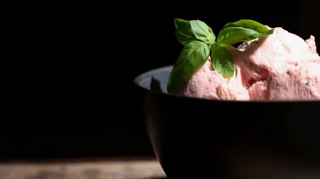 Close up of creamy pink ice cream with fresh basil in a dark bowl.