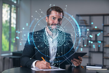 Considered businessman in formal wear signing contract holding tablet device at office room with papers. Concept of successful business deal, agreement, partnership, documents. Technology ai icons.