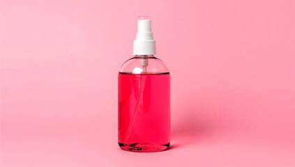 Spray bottle filled with pink liquid against soft pink backdrop