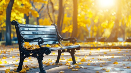Serene autumn scene a park bench adorned with colorful leaves bathed in warm sunlight
