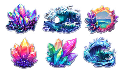 Iridescent Crystal Icons and Coastal Waves Illustration for Summer Vibes