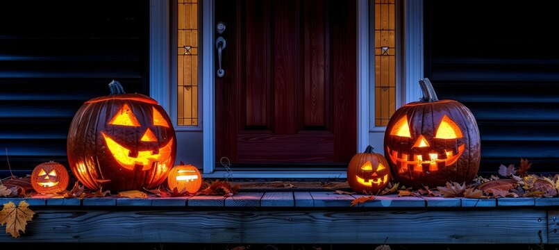 Spooky halloween night featuring glowing jack o  lanterns on the porch with cozy ambient lighting