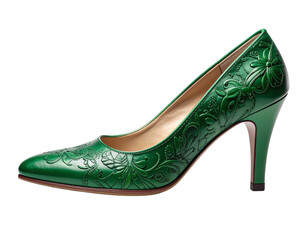 Side-Angled Green Embossed Floral Shoe with Curved Silhouette and Soft Shadow, Isolated