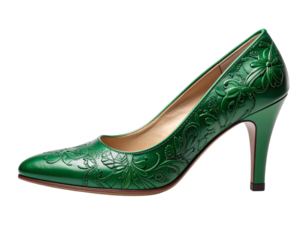 Side-Angled Green Embossed Floral Shoe with Curved Silhouette and Soft Shadow, Isolated