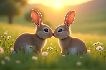 "Two Bunnies Touching Noses in Meadow &ndash; Sweet Kiss in Golden Sunset Light with Daisies"


