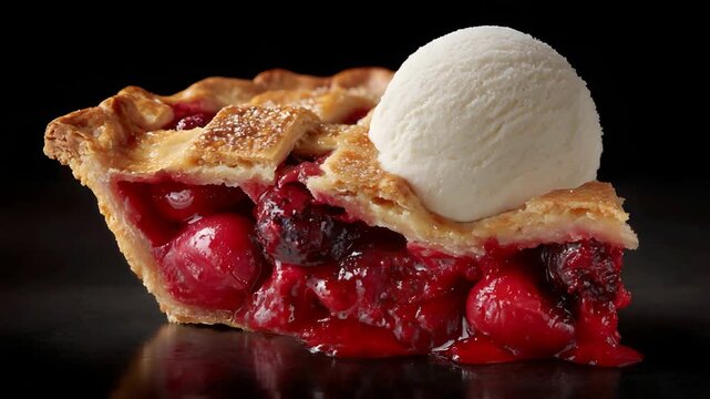 Delicious Berry Pie Slice Topped with Creamy Ice Cream Against Black Background.