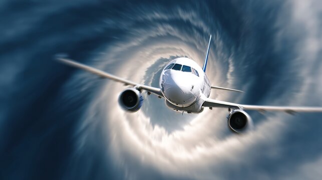 Aerophobias concept showing passenger airplane shaking during turbulence, blurred motion illustrating fear of flying, anxiety, panic, instability, downward movement, risk, stress, and nervous travel