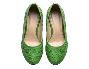  Top-Down View of Green Floral Embossed Shoes, Artistic Pattern Focus, Isolated