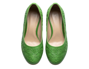  Top-Down View of Green Floral Embossed Shoes, Artistic Pattern Focus, Isolated