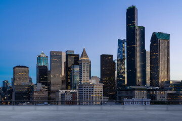 Obraz premium Skyscrapers Cityscape Downtown, Seattle Skyline Buildings. Beautiful Real Estate. Sunset. Empty rooftop View. Success concept.