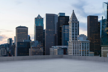 Obraz premium Skyscrapers Cityscape Downtown, Seattle Skyline Buildings. Beautiful Real Estate. Sunset. Empty rooftop View. Success concept.