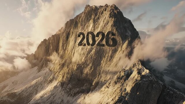 Majestic mountain with "2026" carved on its face