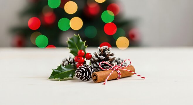 Festive Christmas decoration with natural elements: green holly, red berries, pinecones, and cinnamon sticks tied with string on a white table, against blurred colorful holiday lights.