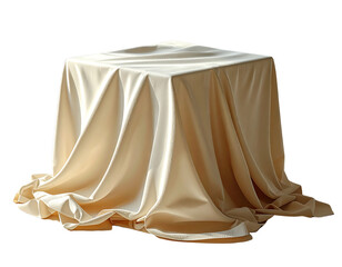 Covered Cube-Shaped Object Under Beige Fabric, Structured Geometry and Crisp Edges, Isolated