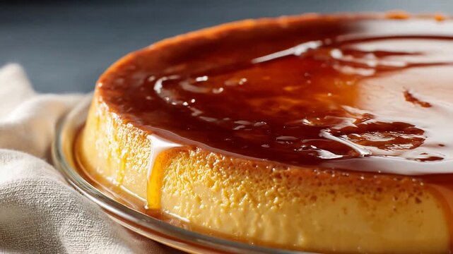 Rich caramel drips from a golden flan dessert, a delicious sweet treat.