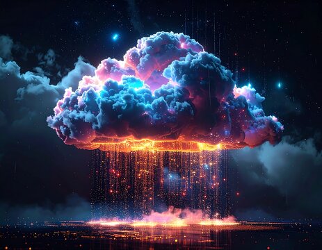 A luminescent cloud floats above a hazy landscape, raining golden light. Stars twinkle in the dark night sky