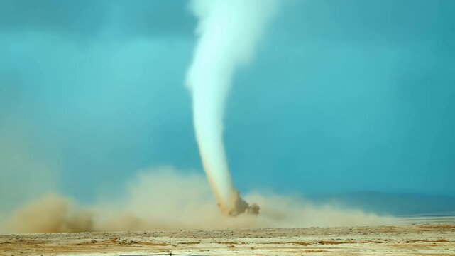 Dust devil swirls violently across arid desert landscape under bright sky.