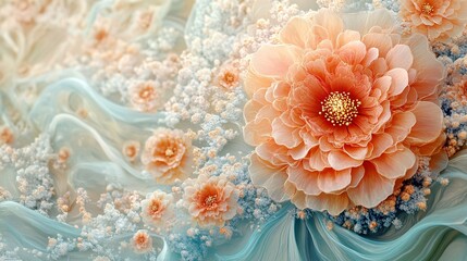 A delicate floral arrangement evokes feelings of illness and frailty, with soft hues and intricate details suggesting vulnerability and fragility. The composition conveys an ethereal quality.