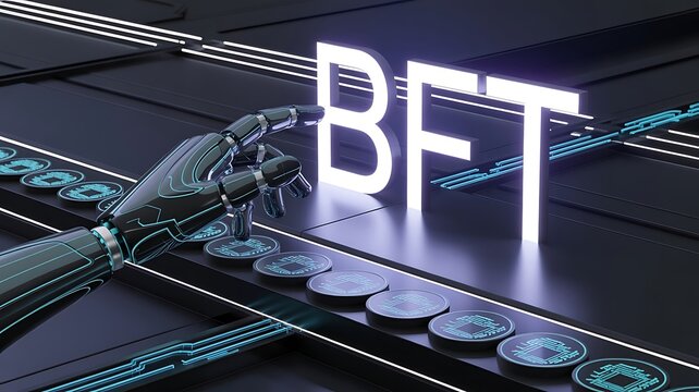 Robot Hand Reaching for Binary Future Technology with Glowing Symbolism