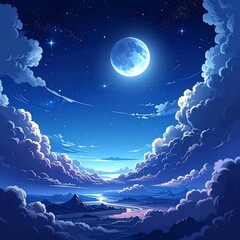 A luminous full moon dominates a star-filled sky, encircled by fluffy clouds, over a mountainous, river-filled landscape