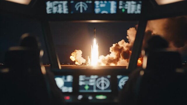 Silhouetted Engineers Monitor Rocket Launch Sequence.