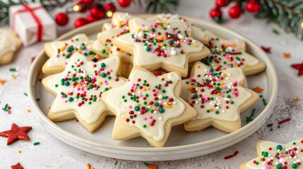 Festive flat lay of christmas cookies on a decorated plate with icing and colorful sprinkles