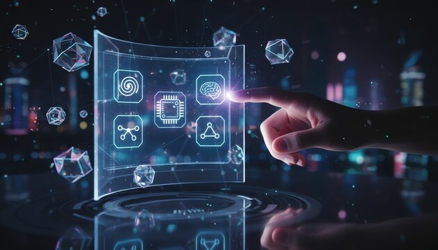 Futuristic technology concept with a hand interacting with a glowing AI brain icon on a transparent screen.
