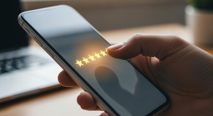 Hand holding smartphone displaying five glowing yellow stars for a perfect rating