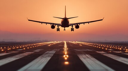 Fototapeta premium Commercial airplane approaching runway for landing at sunrise, passenger plane descending over airport with clear sky, aviation and travel concept with early morning light, motion and safety in focus