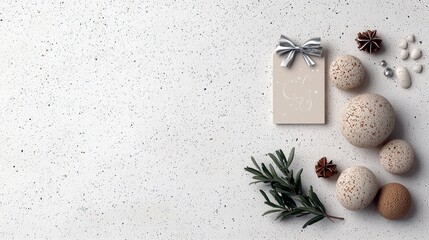 A collection of decorative objects including speckled eggs, a gift tag with a silver bow, a sprig of rosemary, star anise, and small pebbles are arranged on a t