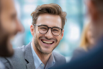Fototapeta premium Professionals in lively work settings, exchanging ideas with genuine energy and friendly confidence, reflects a thriving business culture driven by communication and connection.