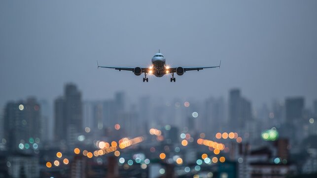 Commercial airplane flying over a big city at dusk, aerial view of urban skyline with skyscrapers and city lights, aviation concept, modern aircraft, transportation, travel, flight and evening sky - Powered by Adobe