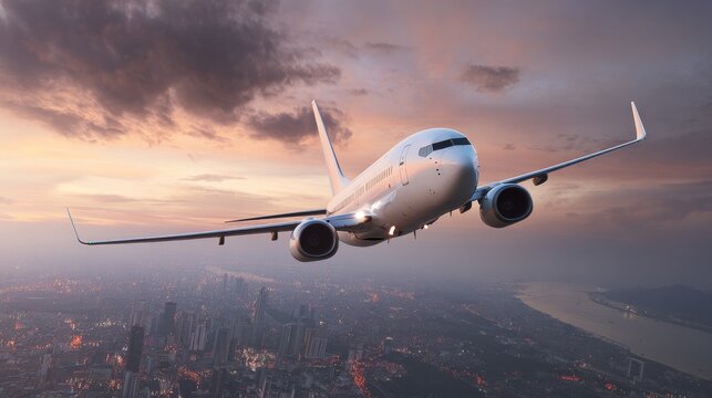 Commercial airplane flying over a big city at dusk, aerial view of urban skyline with skyscrapers and city lights, aviation concept, modern aircraft, transportation, travel, flight and evening sky