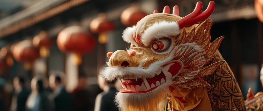 Bright sunshine, a celebratory atmosphere, crimson embellishments, yellow tassels, and a golden Chinese dragon puppet head in a street procession next to a temple roof