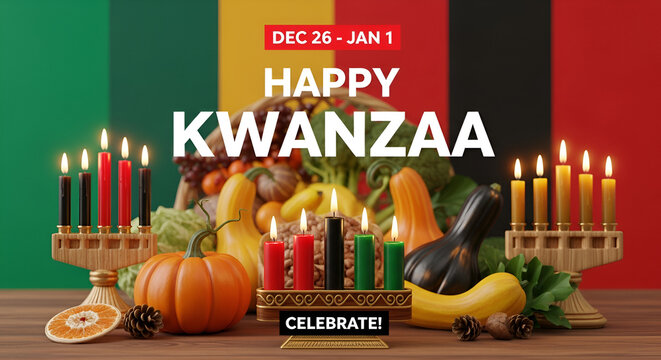 Composition of kwanzaa celebration text and kwanzaa candles and pumpkins - Powered by Adobe