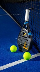 A modern racquet leaning against a black net, two yellow balls sit on the blue court, creating a vibrant sporting scene
