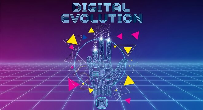 Digital Evolution Futuristic Design with Geometric Shapes and Vibrant Colors. - Powered by Adobe