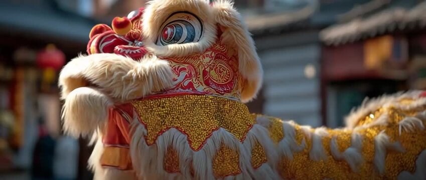 Bright sunshine, a celebratory atmosphere, crimson embellishments, yellow tassels, and a golden Chinese dragon puppet head in a street procession next to a temple roof