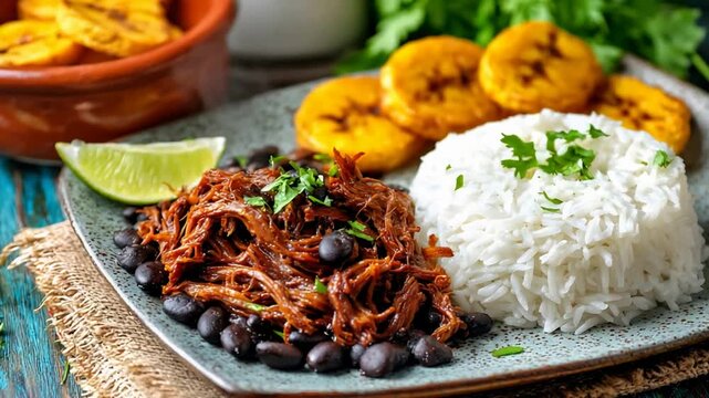 Delicious Ropa Vieja with Rice, Beans, and Fried Plantains Close Up.