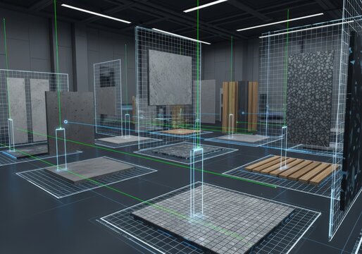 Virtual showroom showcasing diverse material samples with digital grid overlay